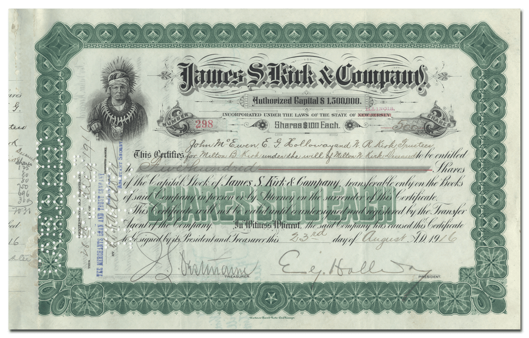 James S. Kirk & Company Stock Certificate