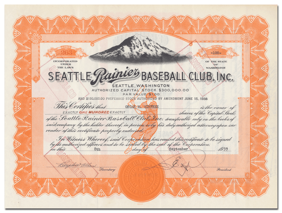 Seattle Rainier Baseball Club, Inc. Stock Certificate