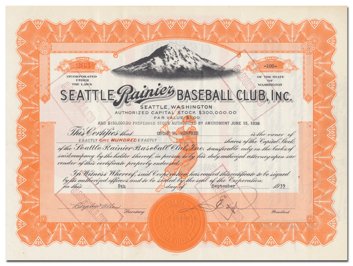 Seattle Rainier Baseball Club, Inc. Stock Certificate