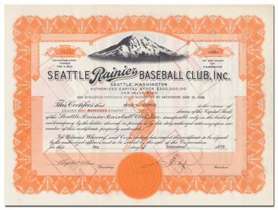 Seattle Rainier Baseball Club, Inc. Stock Certificate