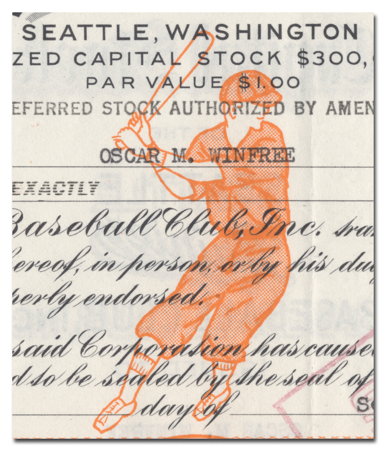 Seattle Rainier Baseball Club, Inc. Stock Certificate