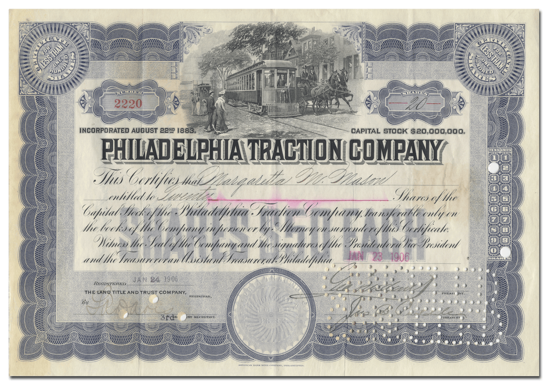 Philadelphia Traction Company Stock Certificate Signed by George Widener