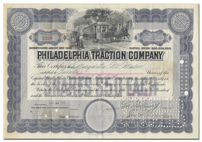 Philadelphia Traction Company Stock Certificate Signed by George Widener