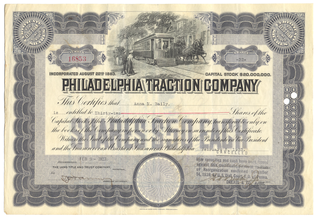 Philadelphia Traction Company Stock Certificate