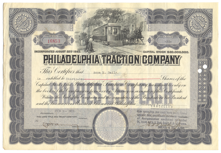 Philadelphia Traction Company Stock Certificate