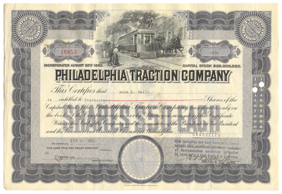 Philadelphia Traction Company Stock Certificate