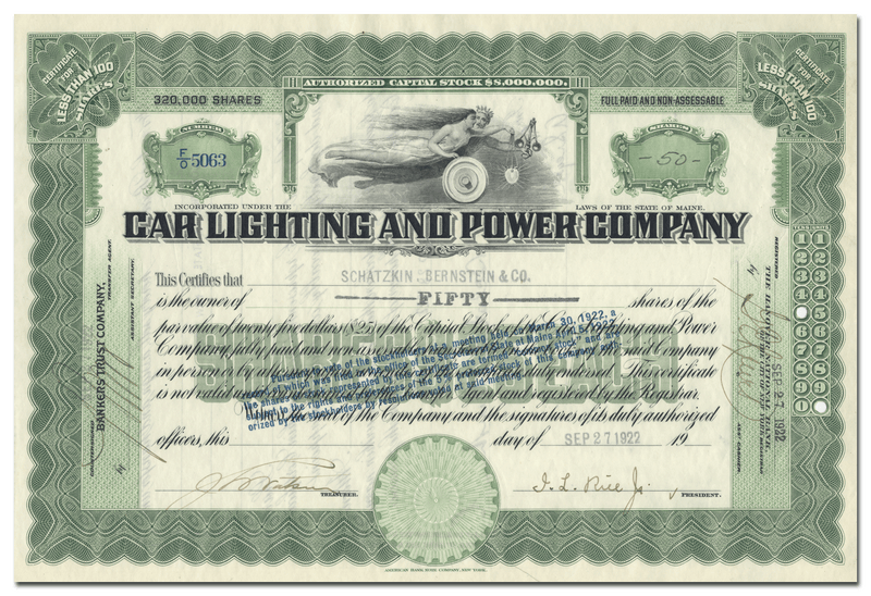 Car Lighting and Power Company Stock Certificate