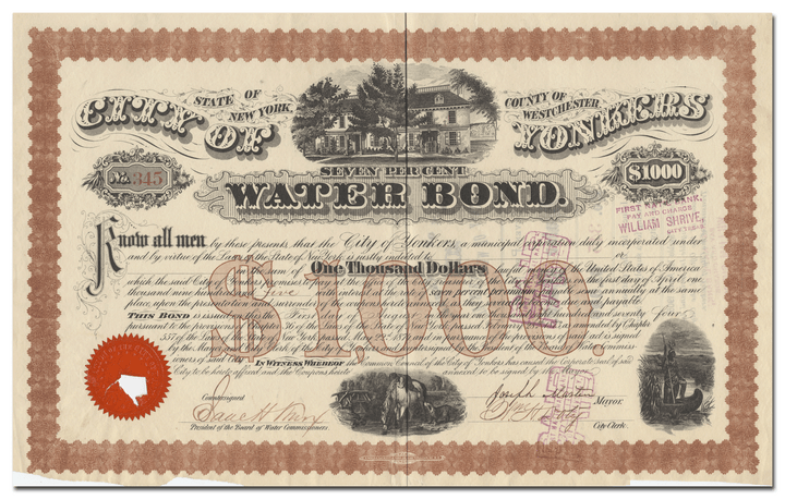 City of Yonkers, New York Bond Certificate