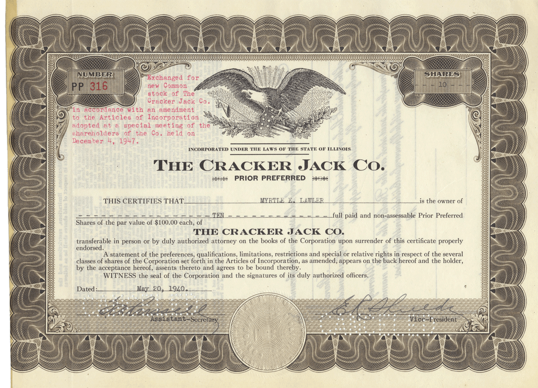 Cracker Jack Co. Stock Certificate