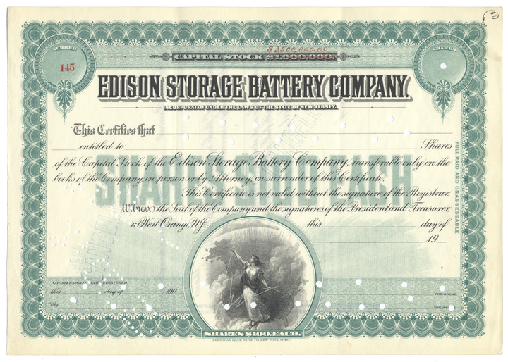 Edison Storage Battery Company Stock Certificate