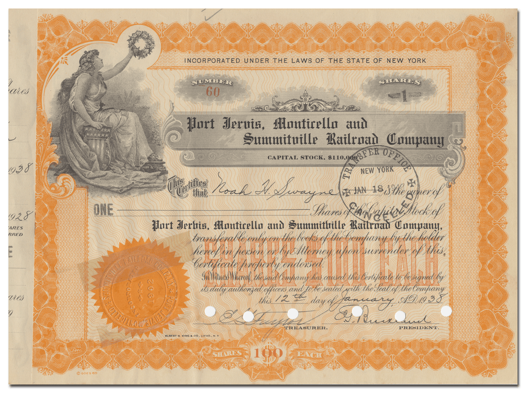 Port Jervis, Monticello and Summitville Railroad Company Stock Certificate