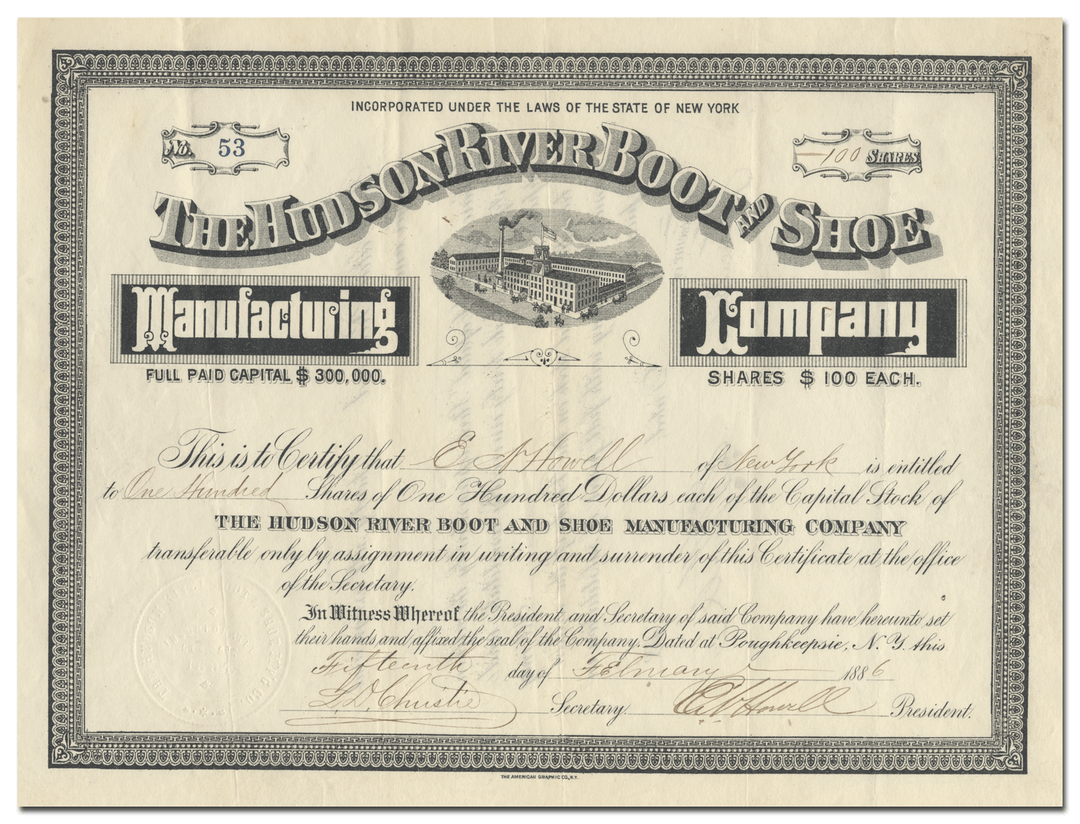 Hudson River Boot and Shoe Manufacturing Company Stock Certificate