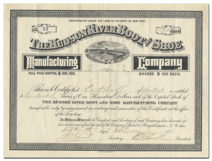 Hudson River Boot and Shoe Manufacturing Company Stock Certificate