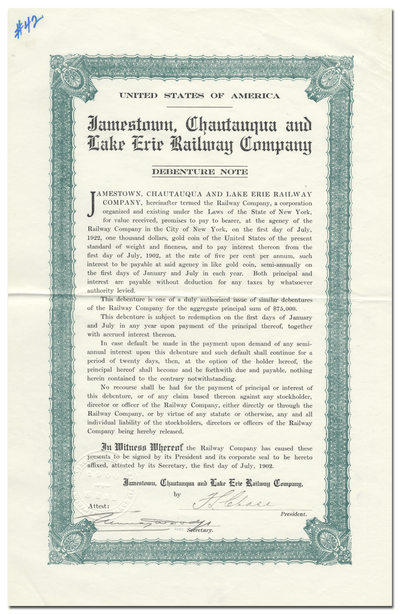 Jamestown, Chautauqua and Lake Erie Railway Company Bond Certificate
