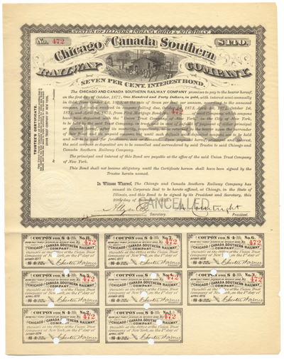 Chicago and Canada Southern Railway Company Bond Certificate