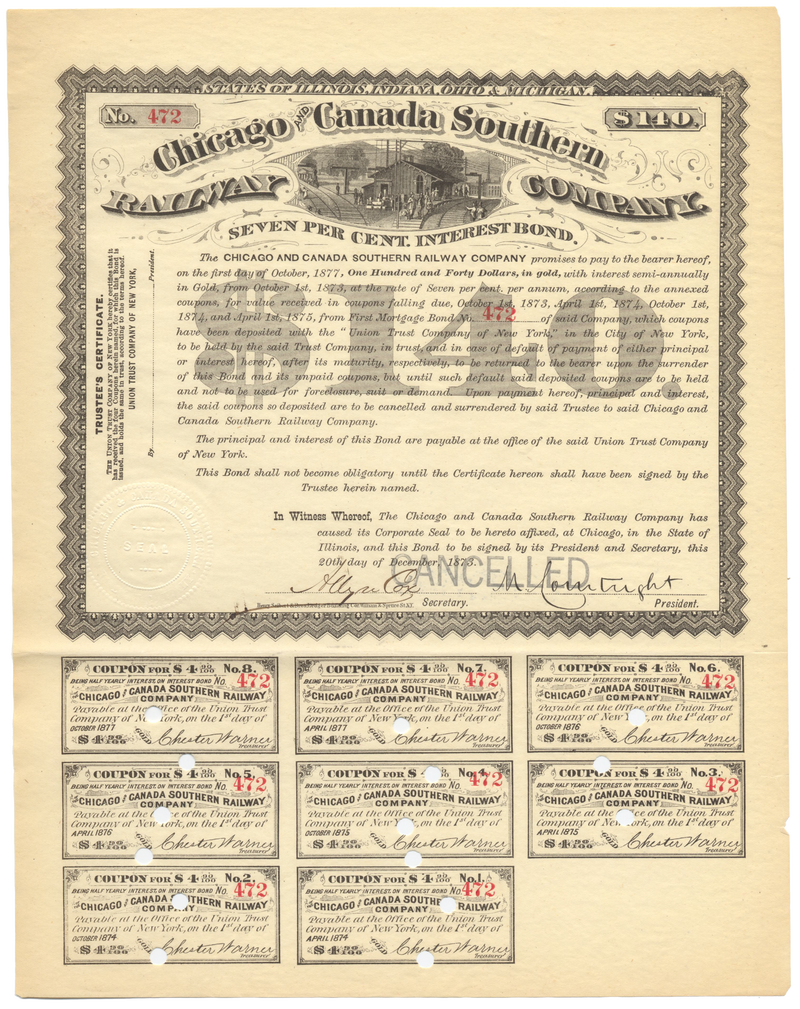 Chicago and Canada Southern Railway Company Bond Certificate
