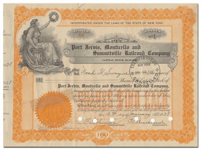 Port Jervis, Monticello and Summitville Railroad Company Stock Certificate