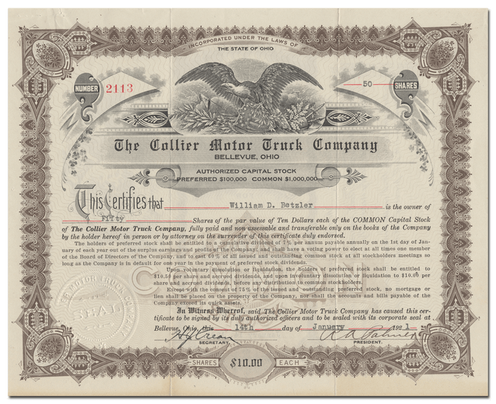 Collier Motor Truck Company Stock Certificate