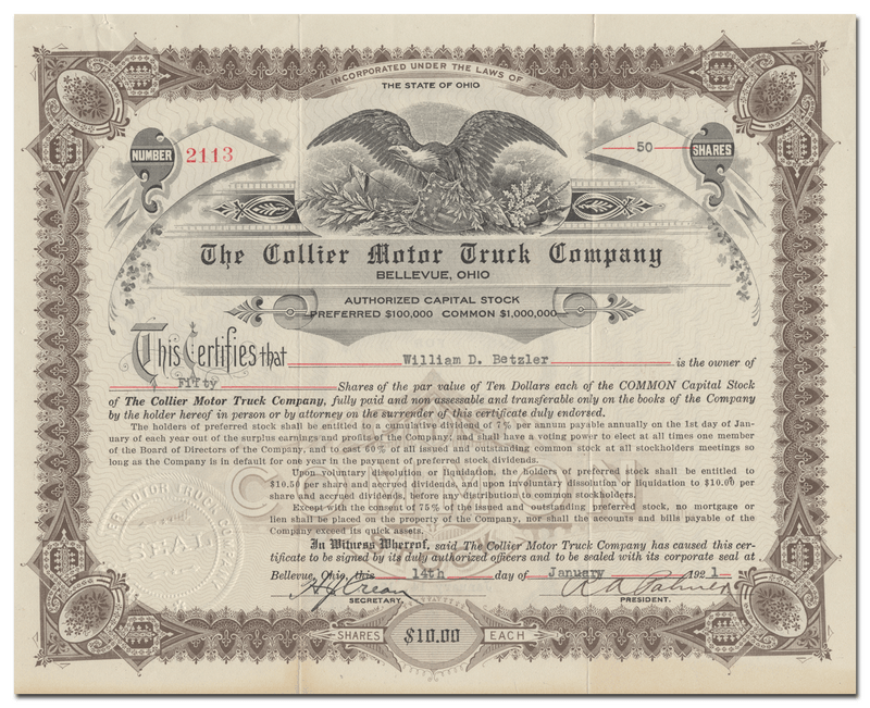 Collier Motor Truck Company Stock Certificate