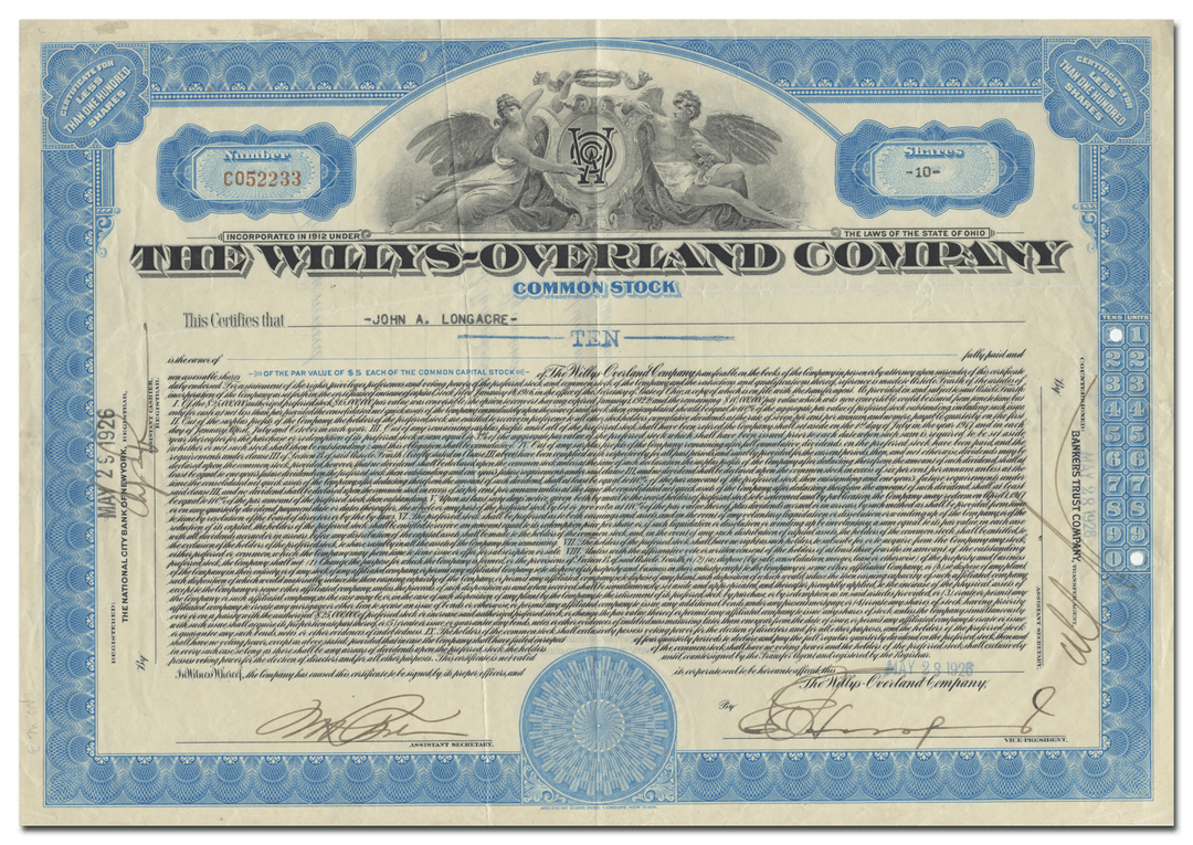 Willys-Overland Company Stock Certificate