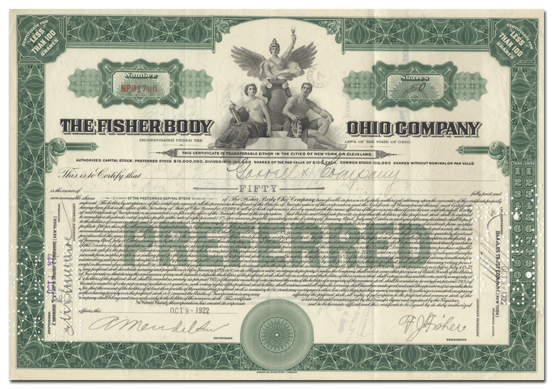 Fisher Body Ohio Company Stock Certificate Signed by Frederick J. Fisher
