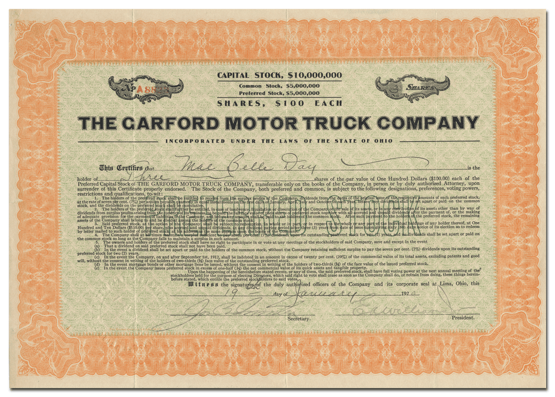 Garford Motor Truck Company Stock Certificate