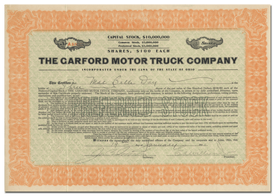 Garford Motor Truck Company Stock Certificate