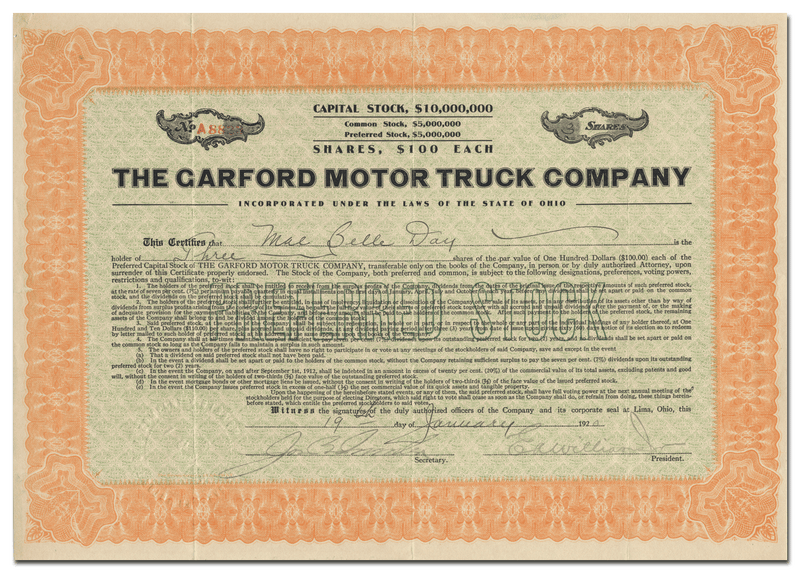 Garford Motor Truck Company Stock Certificate