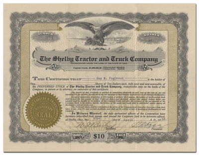 Shelby Tractor and Truck Company Stock Certificate