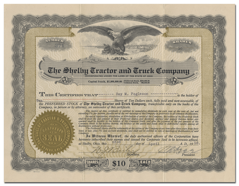 Shelby Tractor and Truck Company Stock Certificate