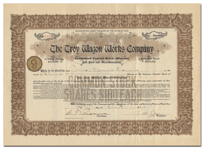 Troy Wagon Works Company Stock Certificate