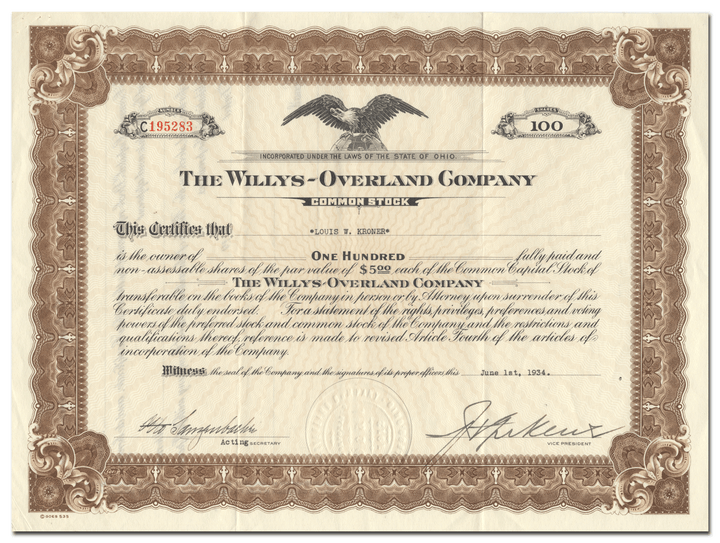 Willys-Overland Company Stock Certificate