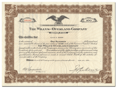 Willys-Overland Company Stock Certificate