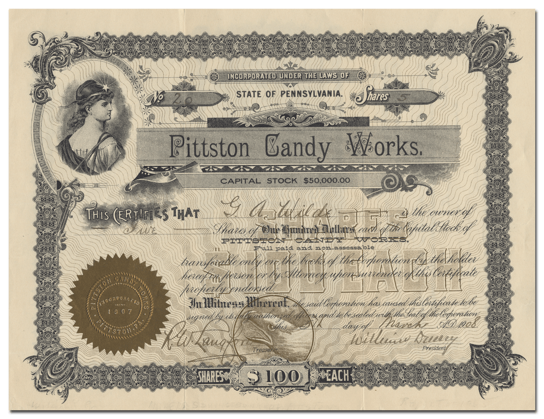 Pittston Candy Works Stock Certificate