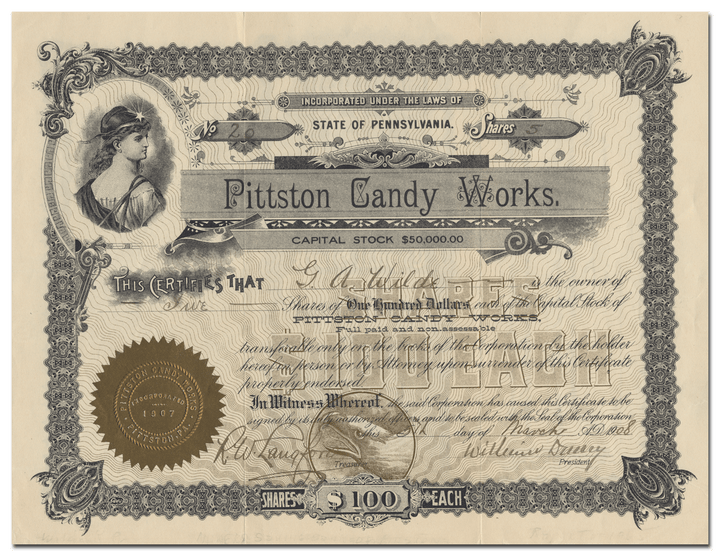 Pittston Candy Works Stock Certificate