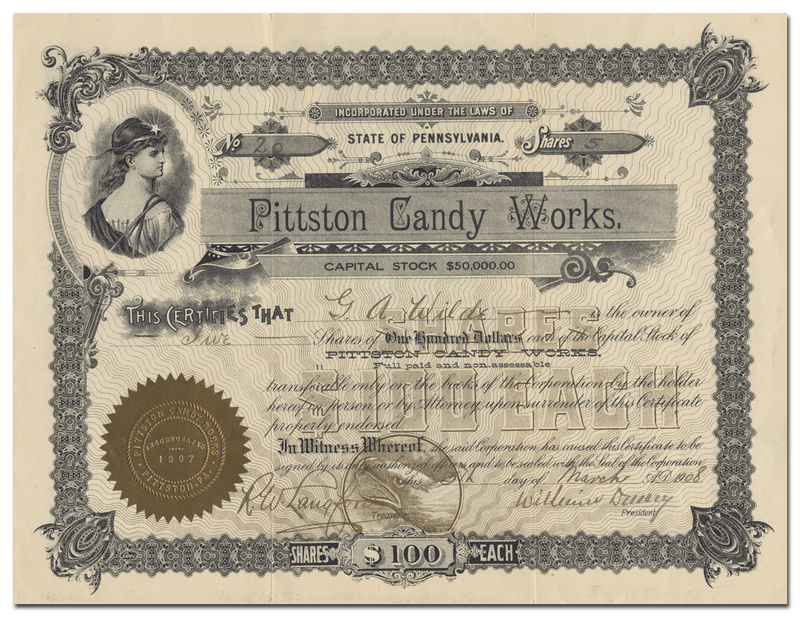 Pittston Candy Works Stock Certificate