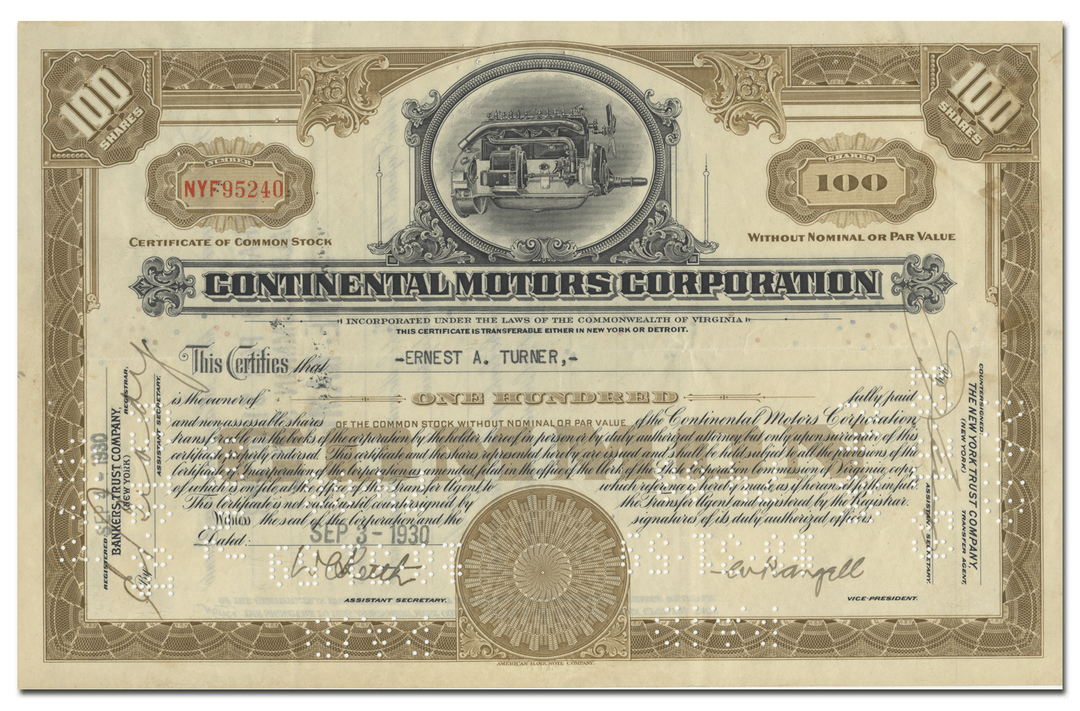 Continental Motors Corporation Stock Certificate