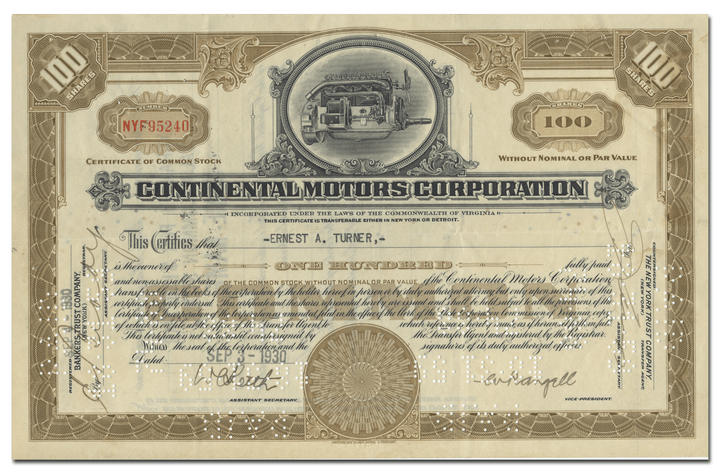 Continental Motors Corporation Stock Certificate