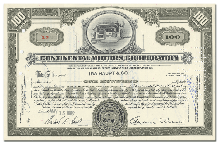 Continental Motors Corporation Stock Certificate