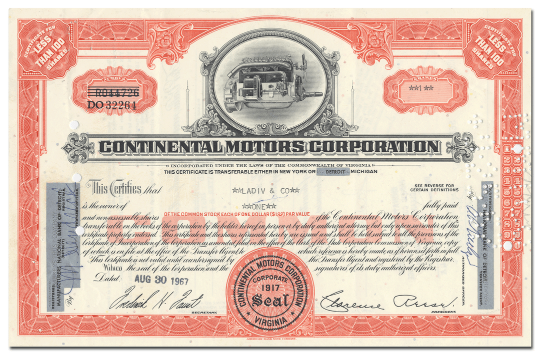 Continental Motors Corporation Stock Certificate