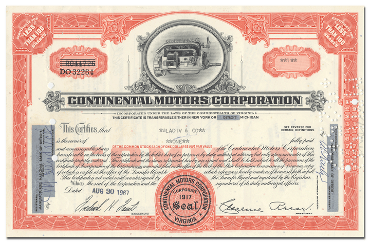 Continental Motors Corporation Stock Certificate