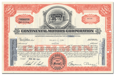 Continental Motors Corporation Stock Certificate