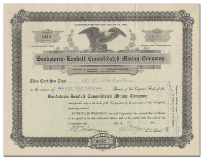 Sandstorm-Kendall Consolidated Mining Company Stock Certificate