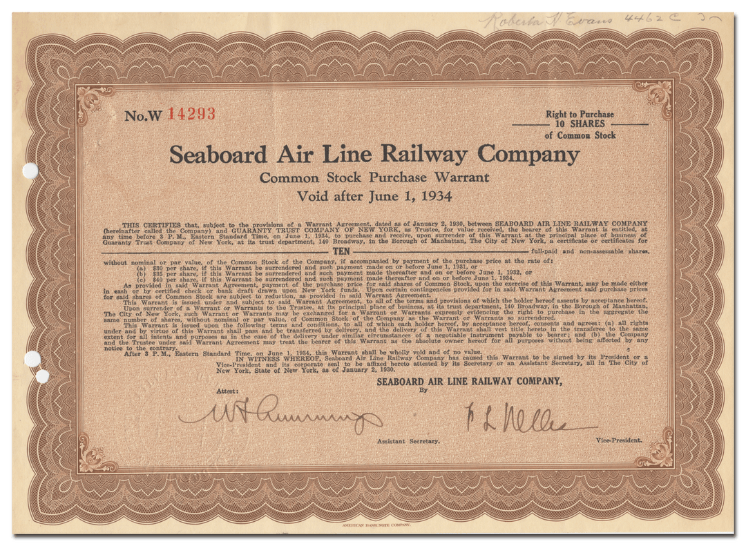 Seaboard Air Line Railway Company Stock Certificate