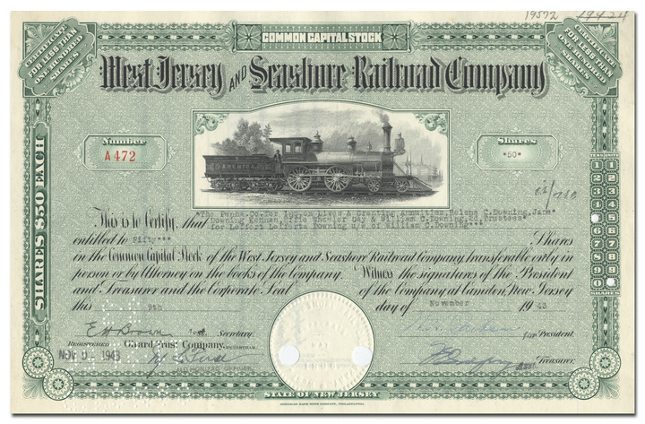 West Jersey and Seashore Railroad Company Stock Certificate