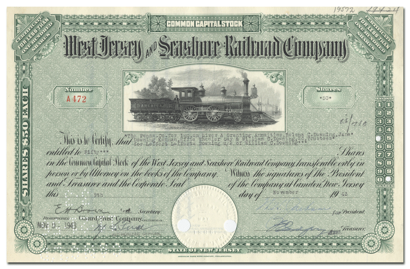 West Jersey and Seashore Railroad Company Stock Certificate