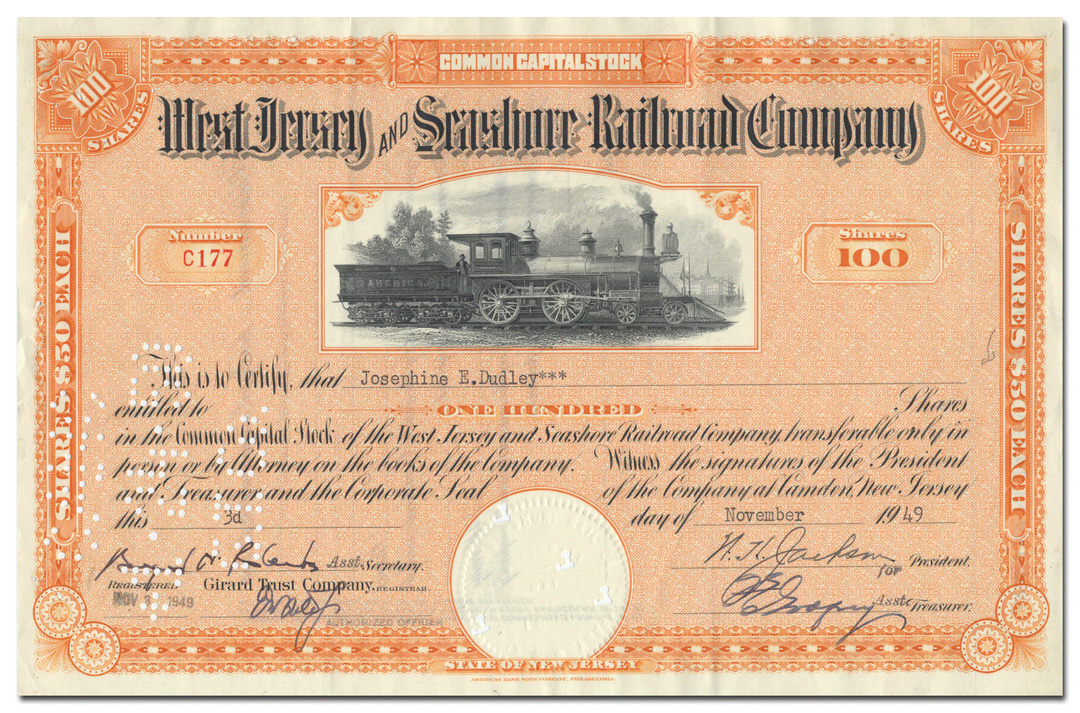 West Jersey and Seashore Railroad Company Stock Certificate