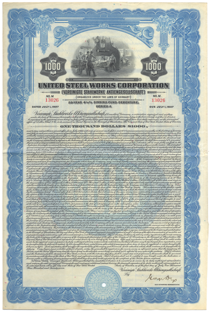 United Steel Works Corporation Bond Certificate