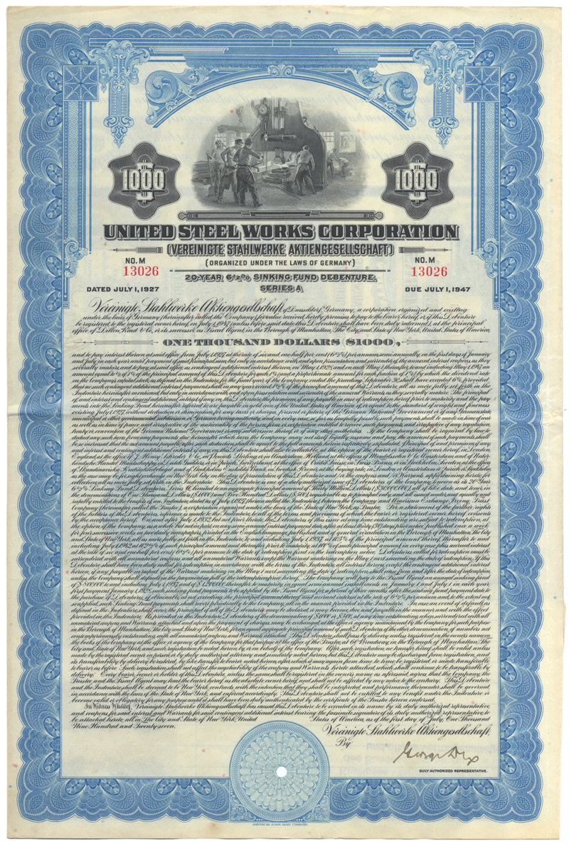 United Steel Works Corporation Bond Certificate