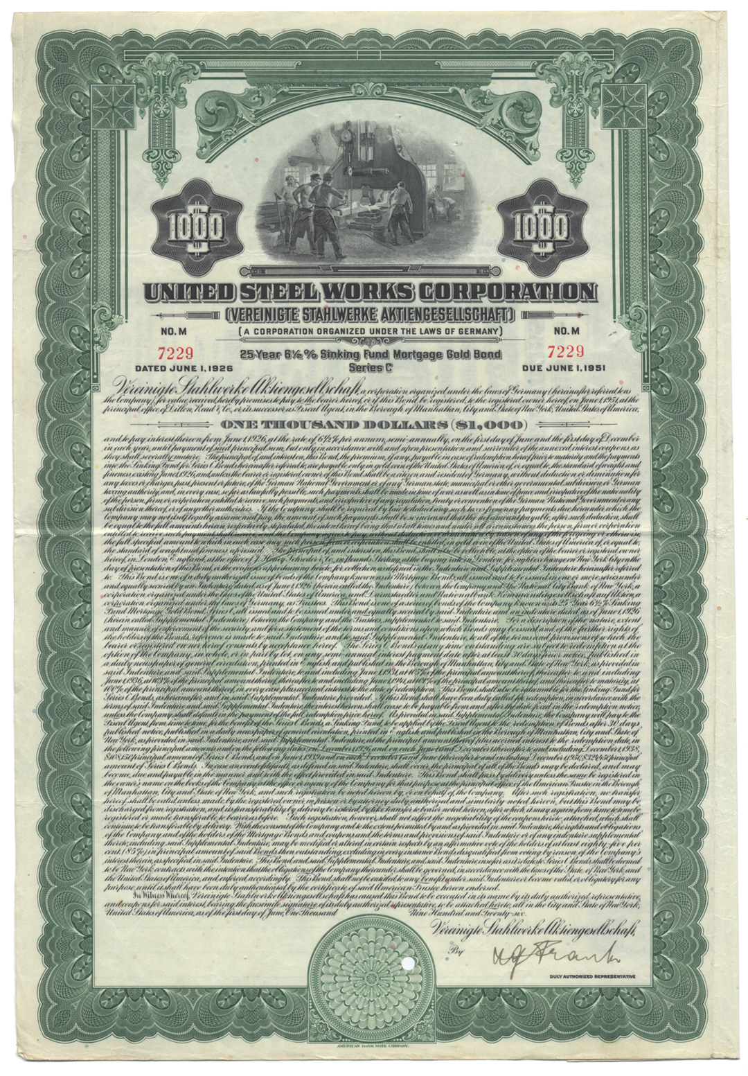 United Steel Works Corporation Bond Certificate